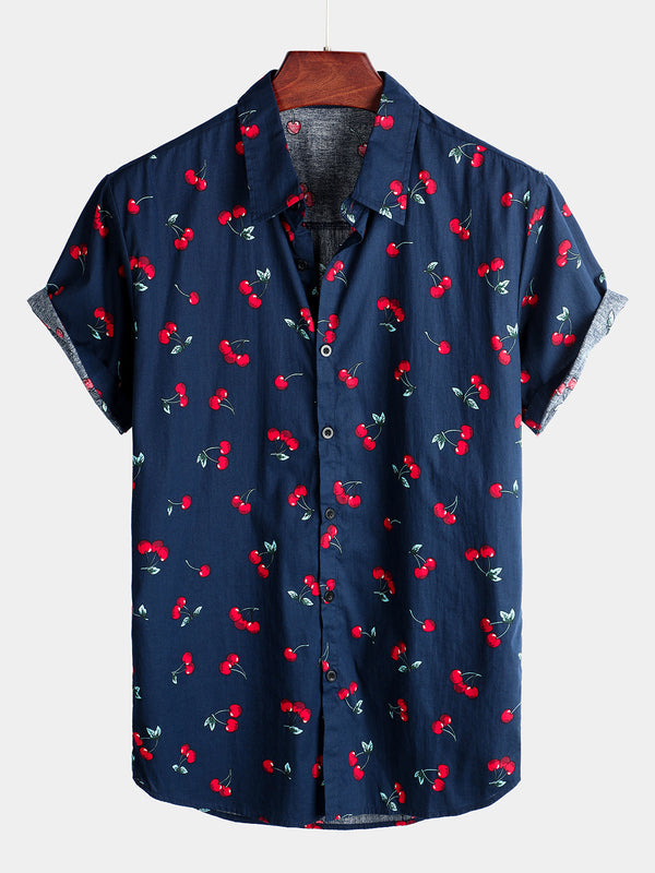 Men's Shirt Made Of Tropical Hawaiian Cotton With Cherry Pattern