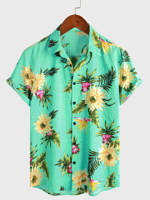 Casual Short-Sleeved Hawaiian Shirt With Tropical Floral Print For Men In Light Green