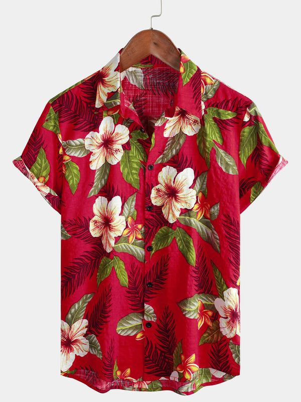 Red Hawaiian Summer Shirt With Tropical Floral Pattern And Buttons For Men, Short Sleeve