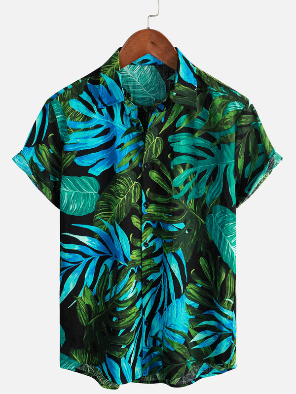 Men's Black Button-Down Short-Sleeved Beach Shirt, Summer, Hawaii, Vacation, Tropical