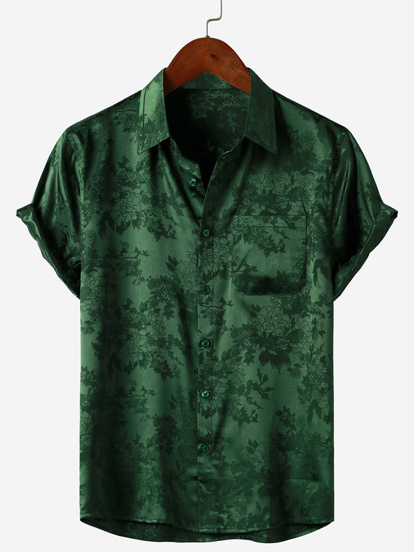 Men's Short-Sleeved Silk Satin Shirt With Jacquard Pockets And Floral Pattern