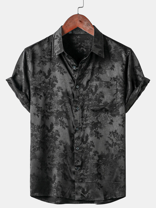 Casual Men's Jacquard Silk Satin Shirt With Floral Pockets And Short Sleeves