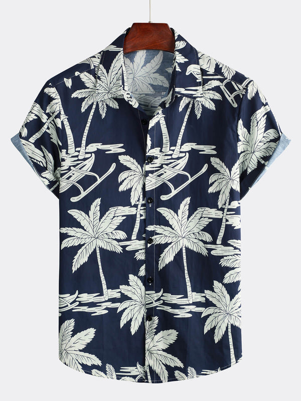 Men's Navy Blue Cotton Palm Print Hawaiian Shirt With Buttons, Short Sleeves