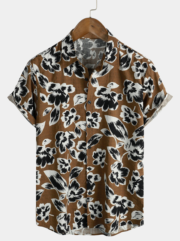 Men's Breathable Cotton Vintage Floral Shirt, Brown, 70S Short Sleeve Shirt
