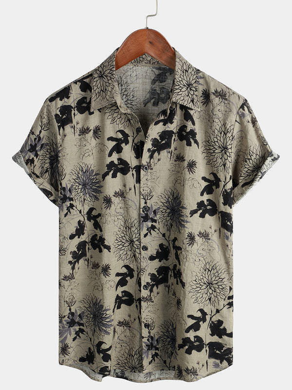 Men's Short-Sleeved Shirt With Retro Floral Print And Vintage Floral Pattern For Buttoning