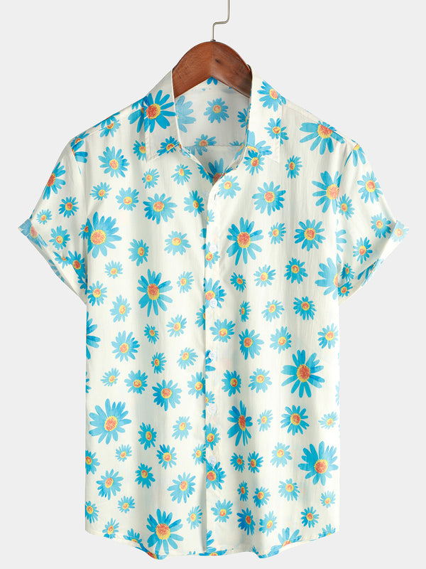 Men's Blue Daisy Print Button-Down Shirt, Short Sleeve, Summer Floral Pattern