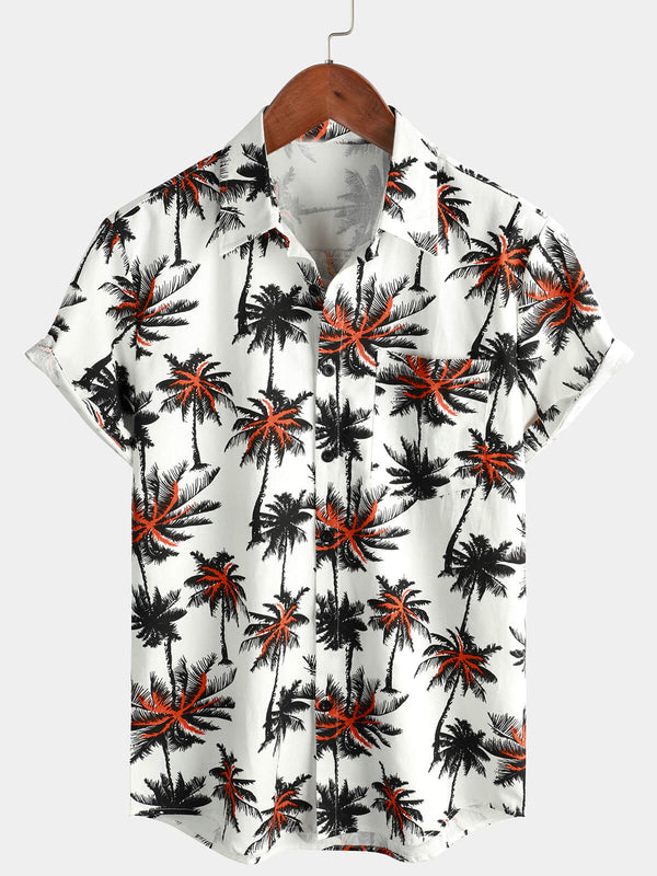 Men's Short-Sleeved Shirt With Tropical Coconut Print Made Of Cotton Linen With Button Placket