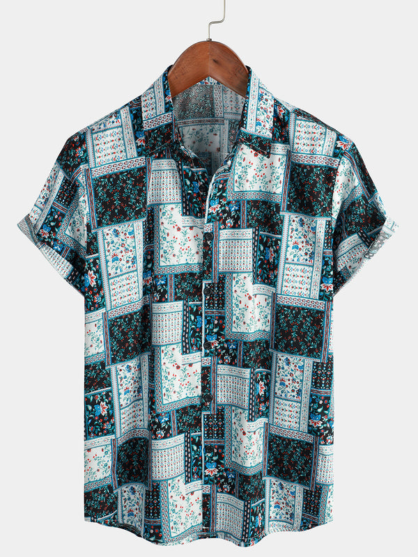 Men's Floral Patchwork Boho Print Retro Floral Casual Button Down Short Sleeve Shirt