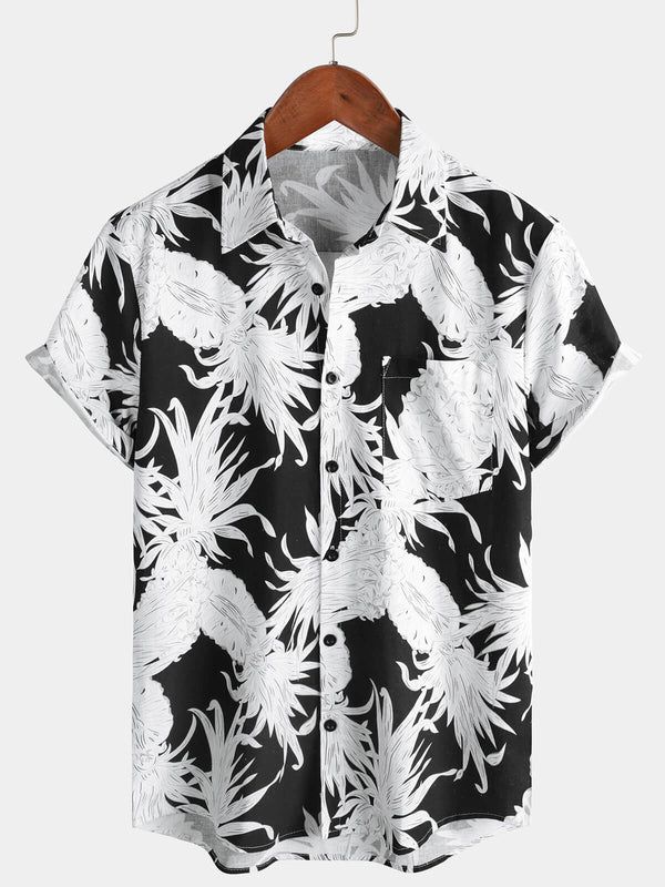 Men's Hawaiian Short-Sleeved Button-Down Shirt In Black And White Cotton And Linen With Pineapple Print