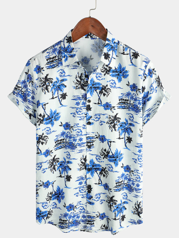 Men's Hawaiian Shirt With Tropical Palm Print, Summer Vacation, Cotton, Aloha, Short Sleeve