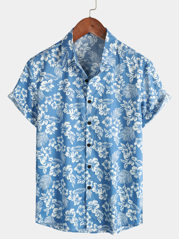 Blue Short-Sleeved Aloha Resort Cotton Beach Shirt With Tropical Floral And Plant Leaf Print