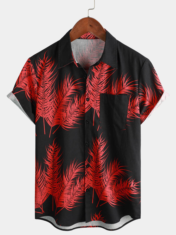 Men's Short-Sleeved Shirt With Hawaiian Palm Leaf Print Made Of Cotton Linen With Button Placket