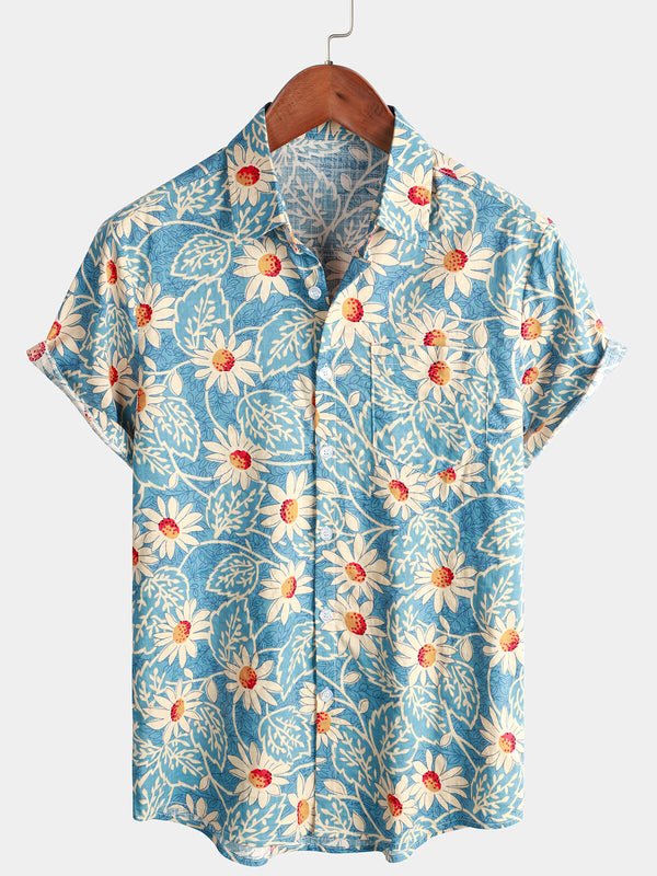 Men's Hawaiian Cotton Retro Button-Down Shirt In Blue With Short Sleeves And Floral Print