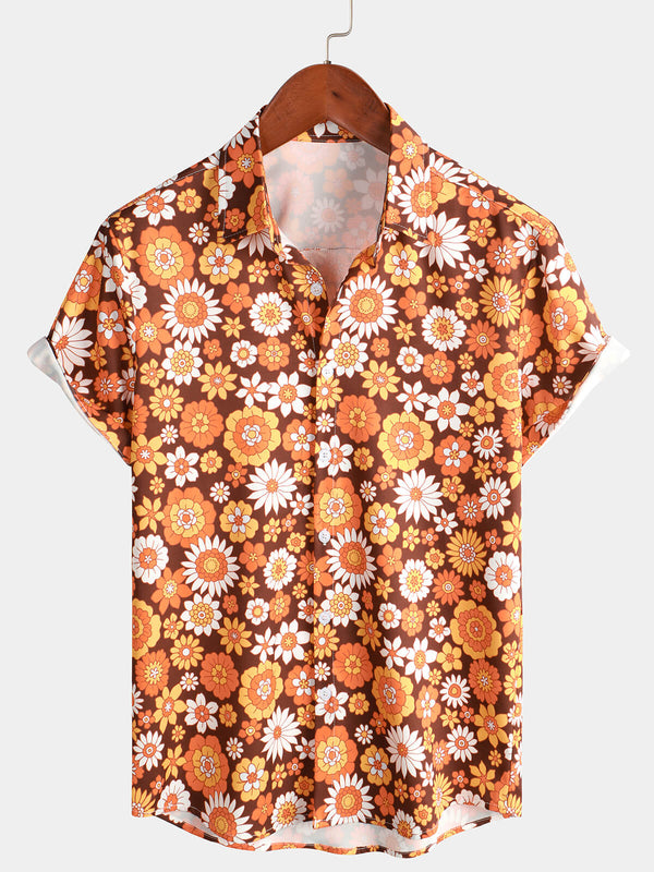Men's Floral Print Vintage Button Down 70S Theme Disco Party Short Sleeve Beach Summer Shirt