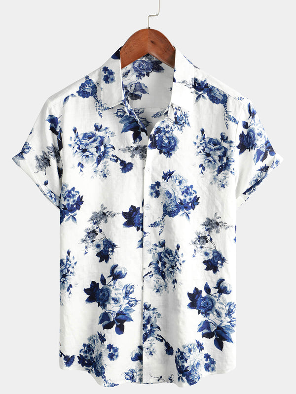 Men's Blue Floral Hawaiian Shirt, Beach Vacation, Button-Down, Short Sleeve, White Lapel, Cotton