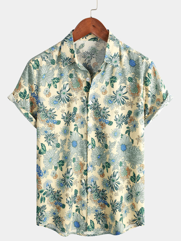 Men's Vintage Green Floral Print Cotton Shirt Retro Casual Button Down Cool Beach Short Sleeve Shirt