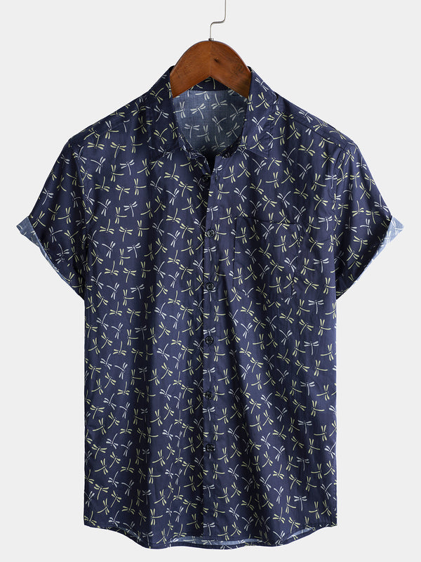 Men's Short-Sleeved Holiday Shirt With Dragonfly Print
