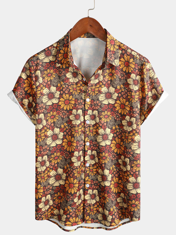 Men's Vintage Floral Button Up 70S Short Sleeve Beach Summer Retro Brown Hawaiian Shirt