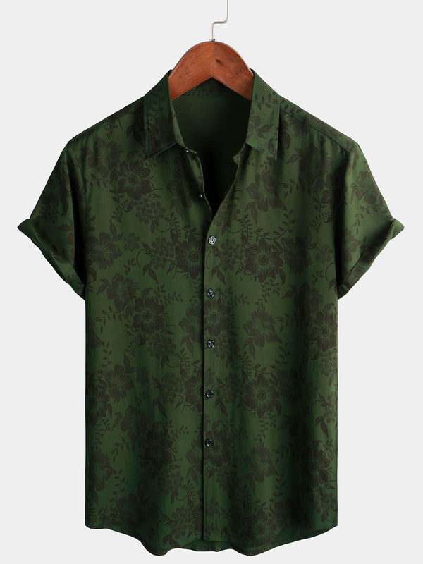 Men's Floral Print Dark Green Hawaiian Vintage Soft Beach Holiday Short Sleeve Button Down Shirt