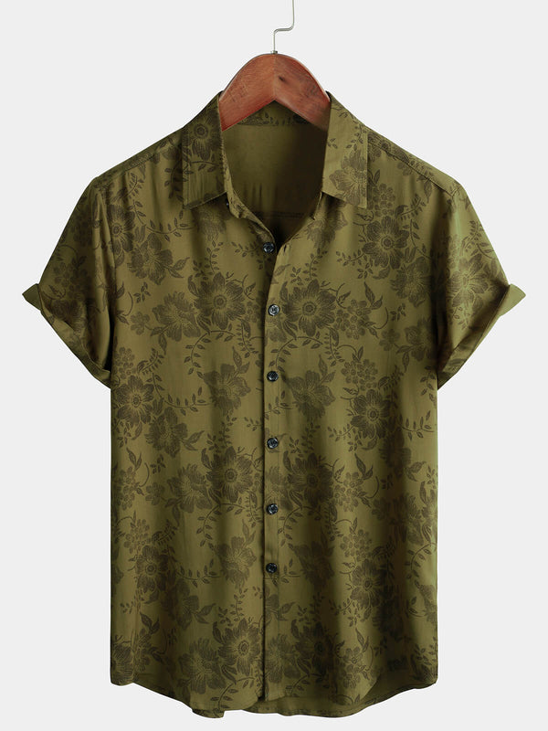 Men's Vintage Floral Green Short Sleeve Cool Retro 70S Summer Button Down Shirt