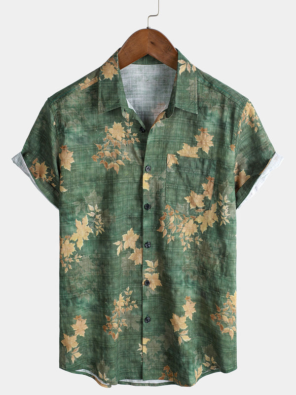 Men's Vintage Floral Print Pocket Short Sleeve Beach Shirt