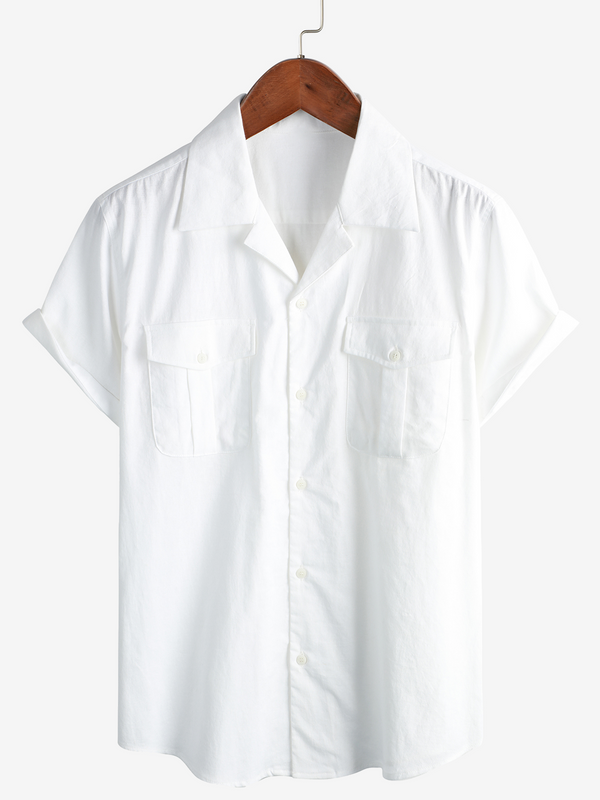 Men's Hawaiian Cotton Linen Pocket Cuban Beach Short Sleeve Summer Camp Button-Up Shirt