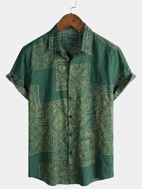Breathable Cotton Short-Sleeved Shirt With Vintage Print In Green For Men