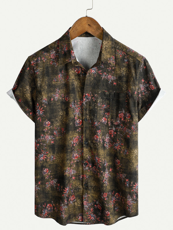 Men's Casual Short-Sleeved Cotton Shirt With Retro Floral Print
