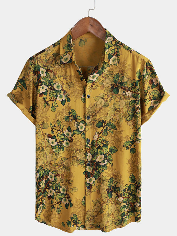 Men's Vintage Holiday Casual Rayon Soft Floral Short Sleeve Button Down Shirt