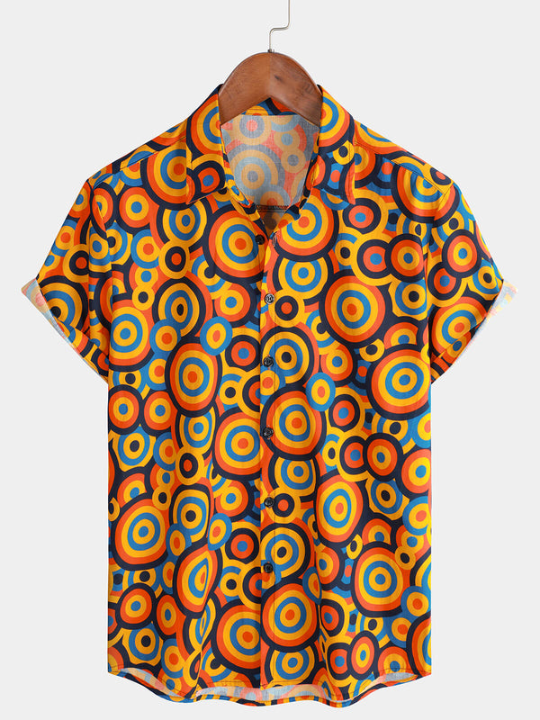 Men's Orange 70S Retro Button-Up Shirt With Vintage Geometric Circle Pattern