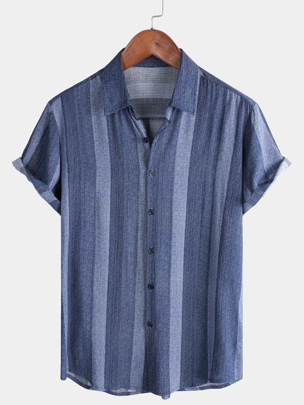Men's Casual Blue Striped Short Sleeve Retro Button-Up Shirt