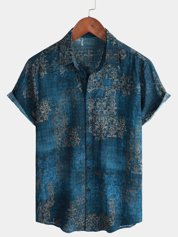 Men's Blue Vintage Short-Sleeved Cotton Button-Down Summer Shirt