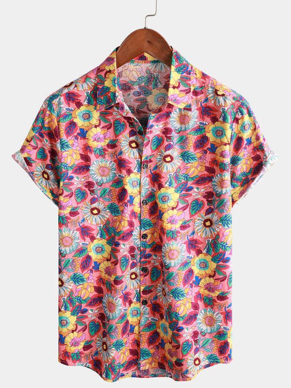 Breathable Summer Hawaiian Shirt With Buttons Made Of 100% Cotton With Pink Floral Pattern For Summer
