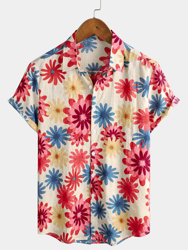 Men's Floral Cotton Daisy Print Summer Beach Vacation Short Sleeve Hawaiian Button Down Shirt