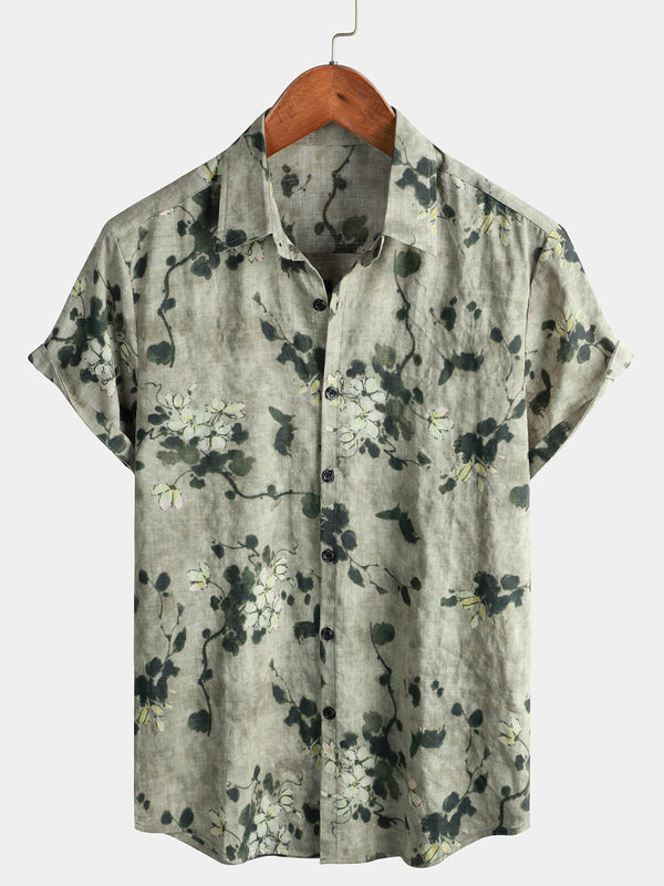 Breathable, Short-Sleeved, Grey Men's Button-Down Shirt Made Of Cotton In Vintage Style With Floral Pattern