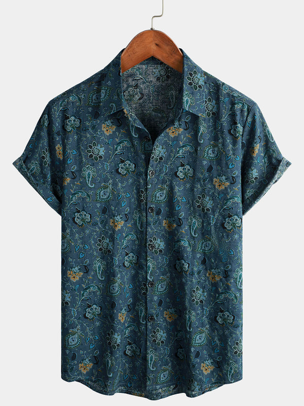 Men's Paisley Vintage Floral Retro Button-Up Blue Summer Holiday Short Sleeve Shirt
