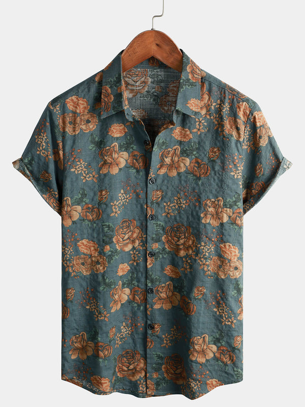 Men's Vintage Floral Retro Button Up Blue Summer Holiday Short Sleeve Shirt