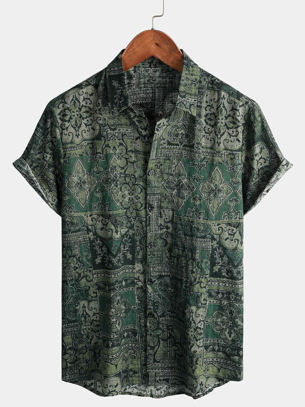 Men's Retro Floral Paisley Print Cotton Button Down Vintage Style Holiday Western Green Shirt