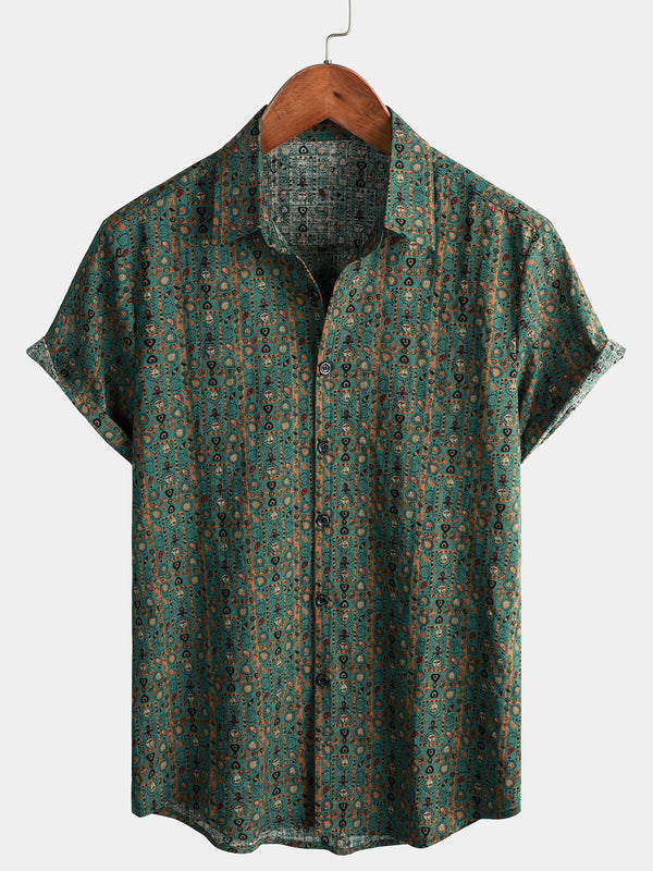 Men's Vintage Paisley Print 70S Button Up Green Boho Retro Tribal Short Sleeve Shirt
