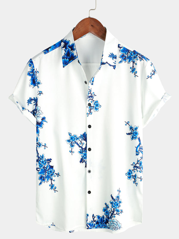 Blue Casual Short-Sleeved Men's Shirt With Floral Pattern And Buttons