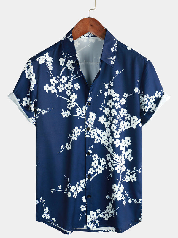 Men's Casual Short-Sleeved Lapel Shirt In Vintage Style With Floral Print In Navy Blue