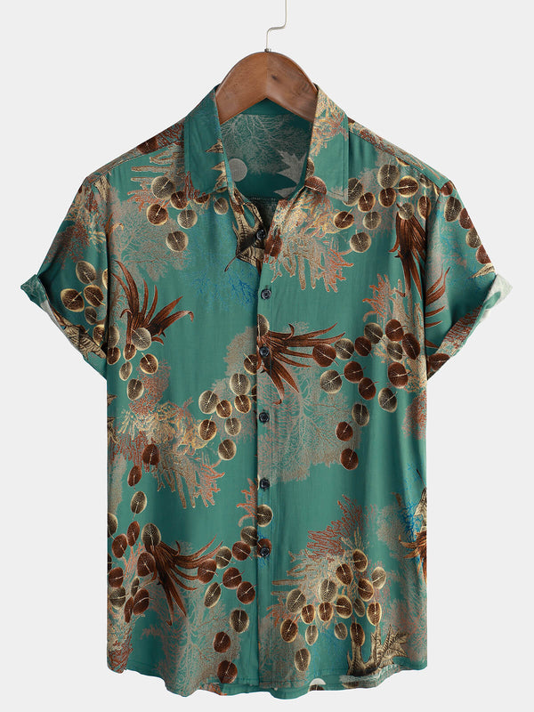 Casual Men's Retro-Style Shirt With Green Print, Short Sleeves And Buttons