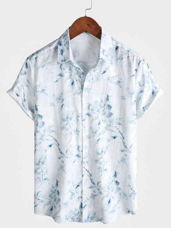 Men's Floral Print Holiday Casual Summer Short Sleeve Button Down Shirt