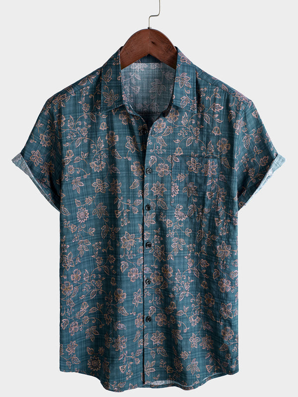 Men's Breathable Cotton Short-Sleeved Shirt With Vintage Floral Pattern