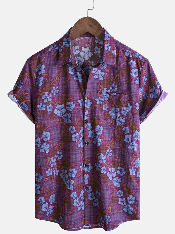 Men's Short-Sleeved Vintage Shirt With Tropical Floral Print For Vacation