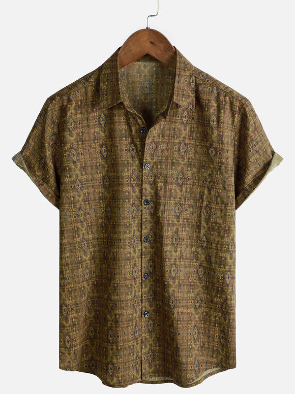 Men's Retro Cotton Short Sleeve 70S Vintage Summer Shirt