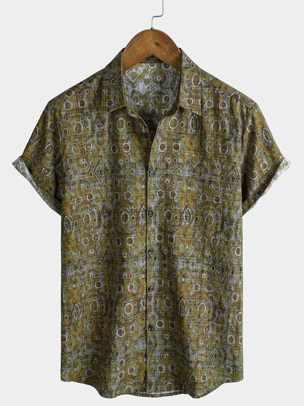 Men's Vintage Paisley Print 70S Boho Retro Tribal Short Sleeve Shirt