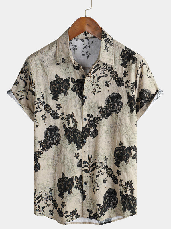 Men's Vintage Style Casual Cotton Shirt With Floral Pattern And Short Sleeves