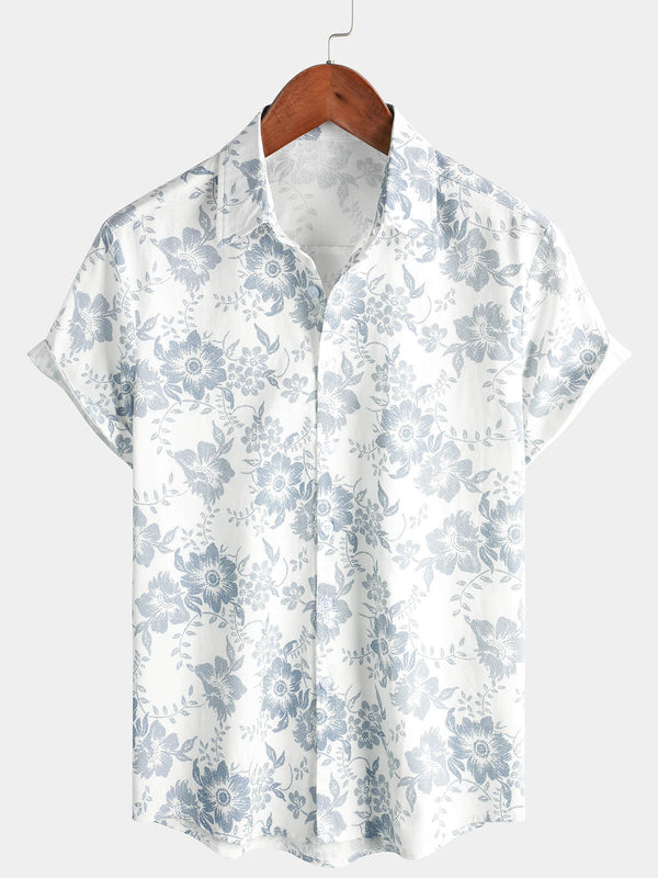 Men's Vintage Floral Print Shirt Floral Vacation Cotton Linen Breathable Short Sleeve Button Down White Hawaiian Summer Shirt