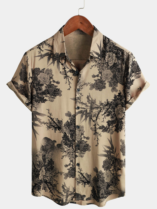 Men's Bamboo Floral Vintage Summer Hawaiian Rayon Vacation Short Sleeve Button Down Shirt
